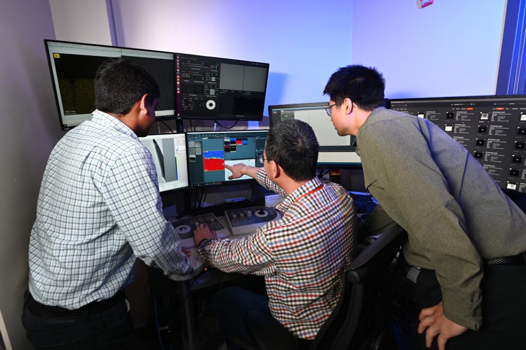 CAES new transmission electron microscope, TEM, Kaustubh Bawane, Boise State staffers Yaqiao Wu (MaCS lab lead, Ching-Heng Shiau, postdoc